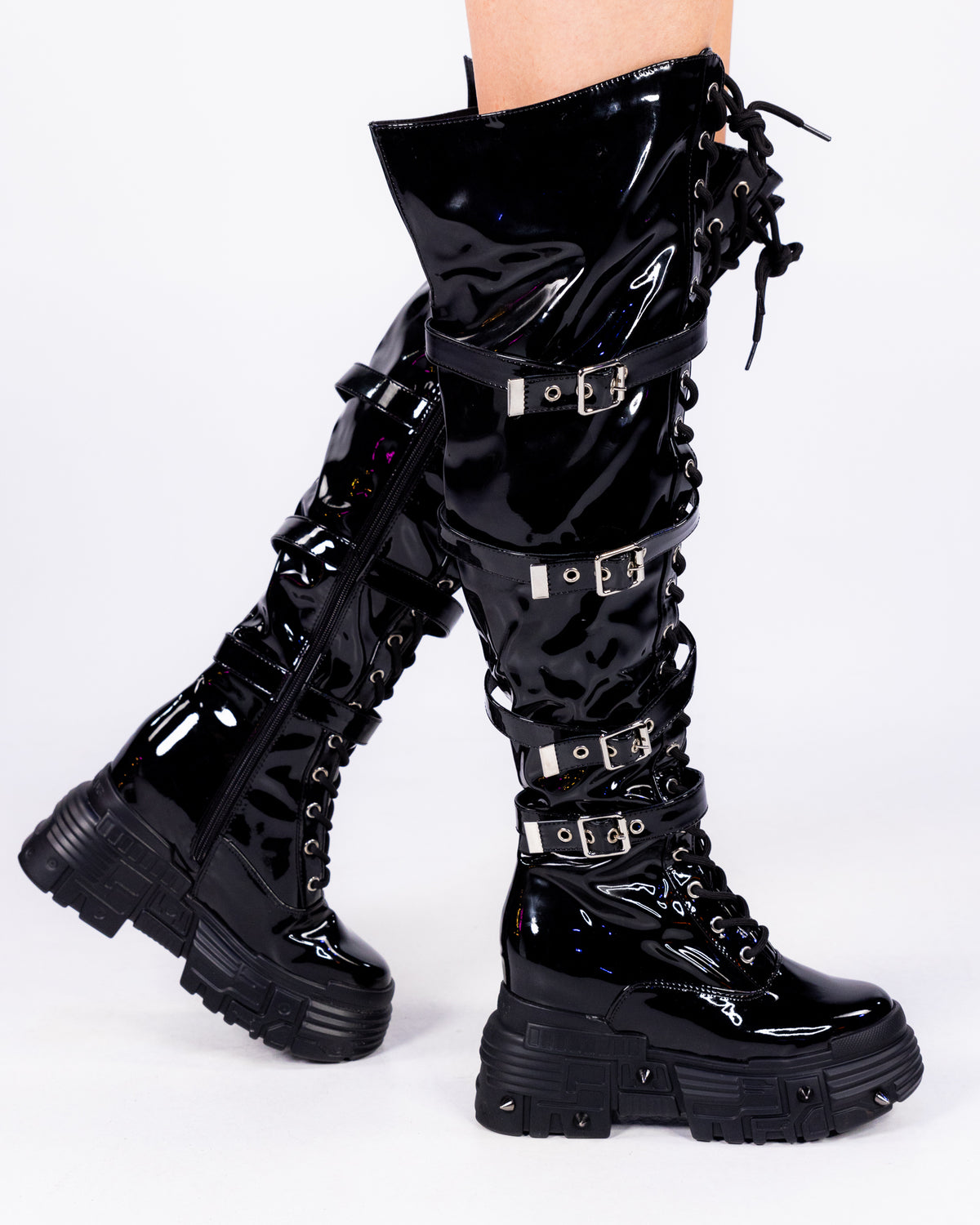 Afterlife Women's Black Patent Knee High Wedge Combat Boots – Rave