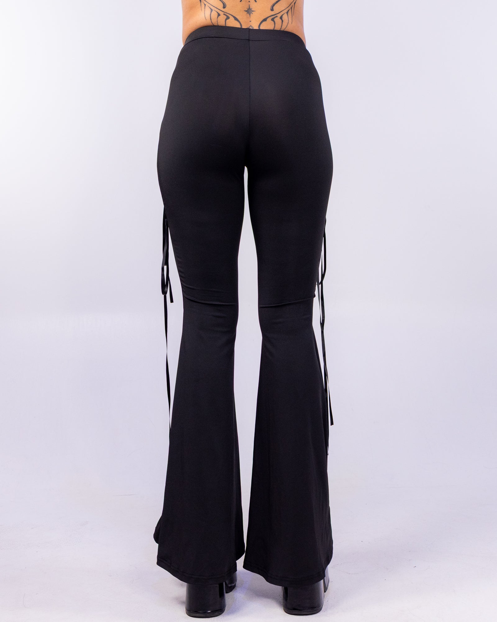 Black Torn Front Lace Bell Bottom Pants for Trendy Style