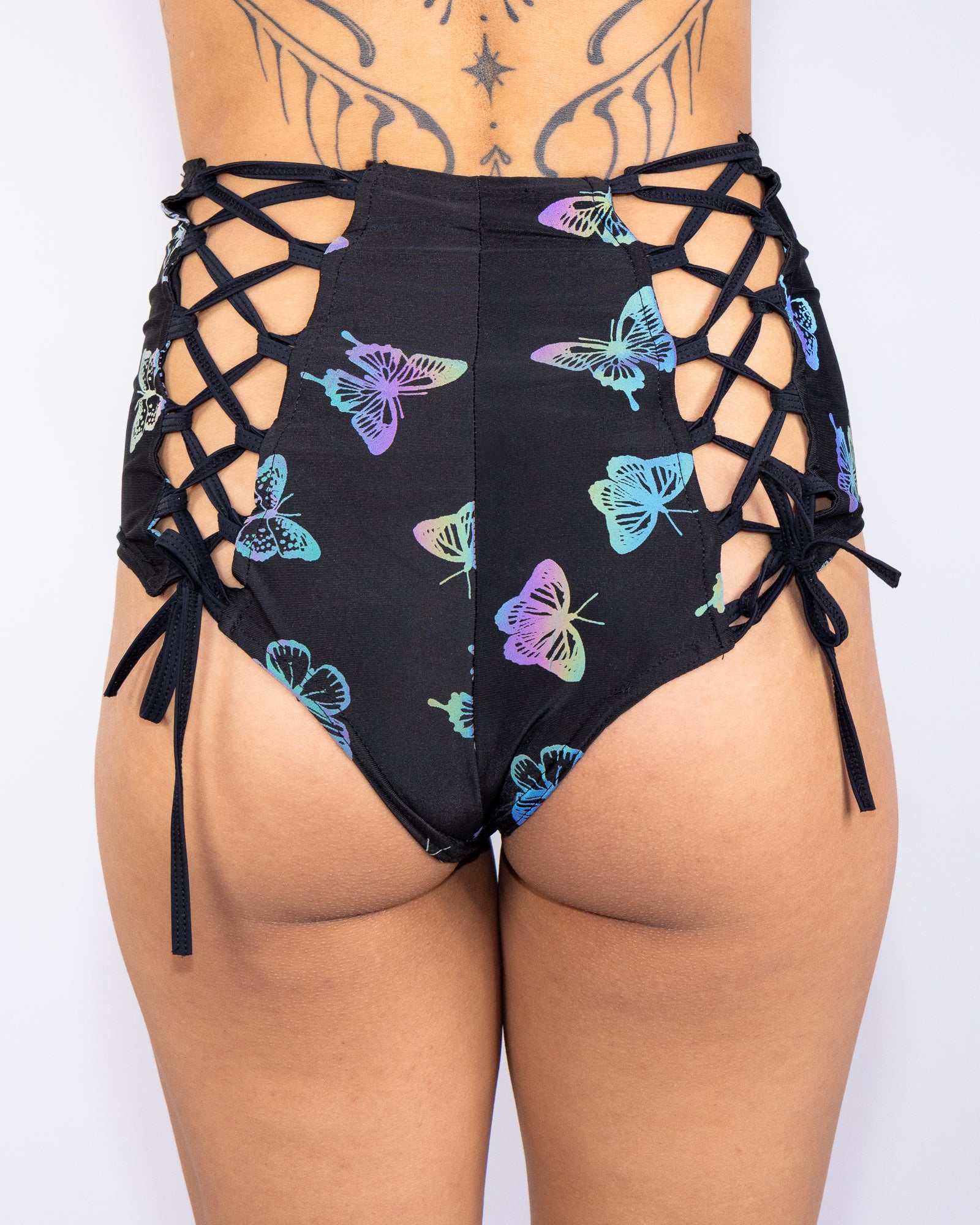 Flash Reflective Butterfly Women's Lace-Up Booty Shorts – Rave