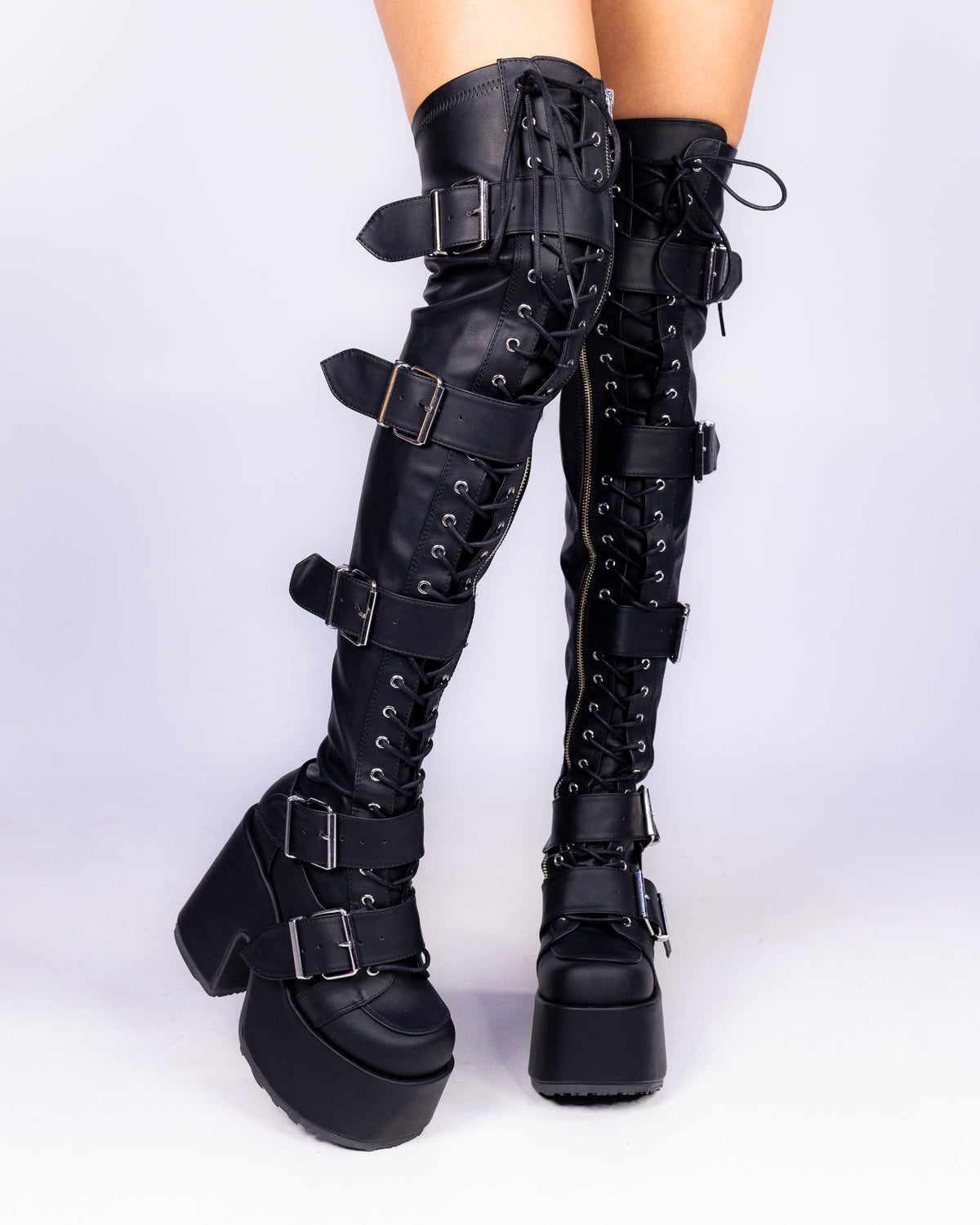 Knee High Thigh High Platform Heels Demonia Camel Matte Black