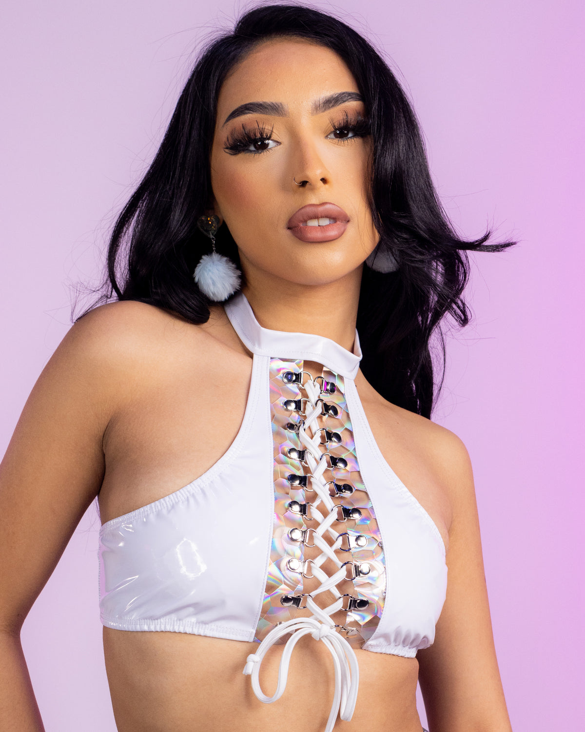 White Holo Prism Lace-Up Top