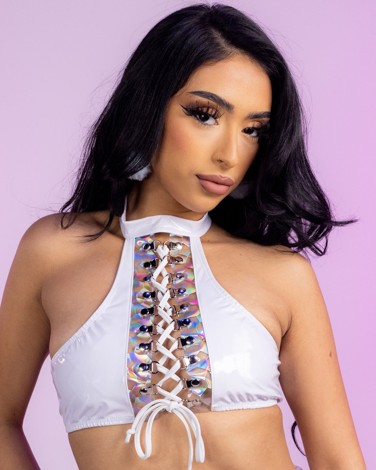 White Holo Prism Lace-Up Top