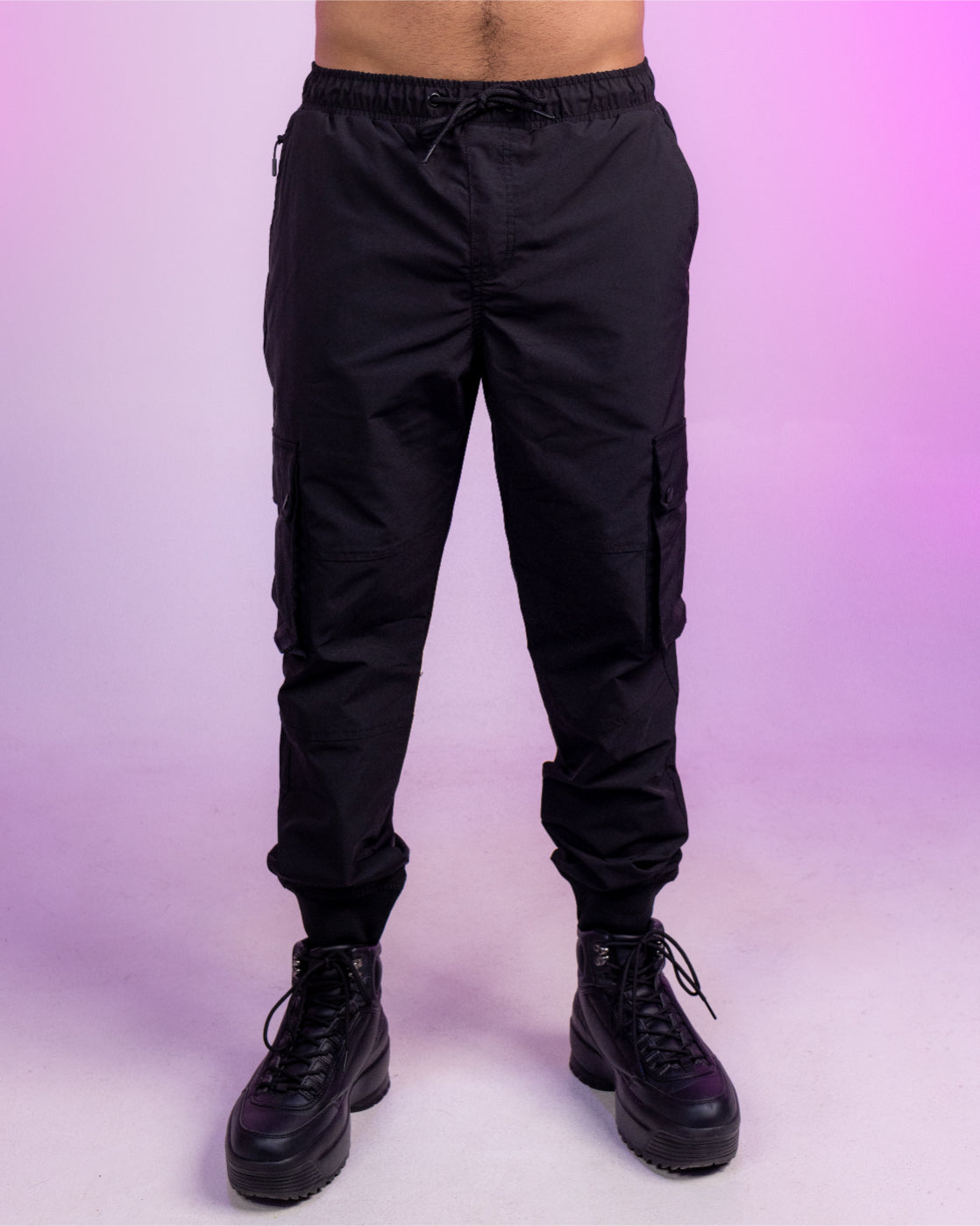 Black Ribbed and Cuffed Woven Cargo Pants