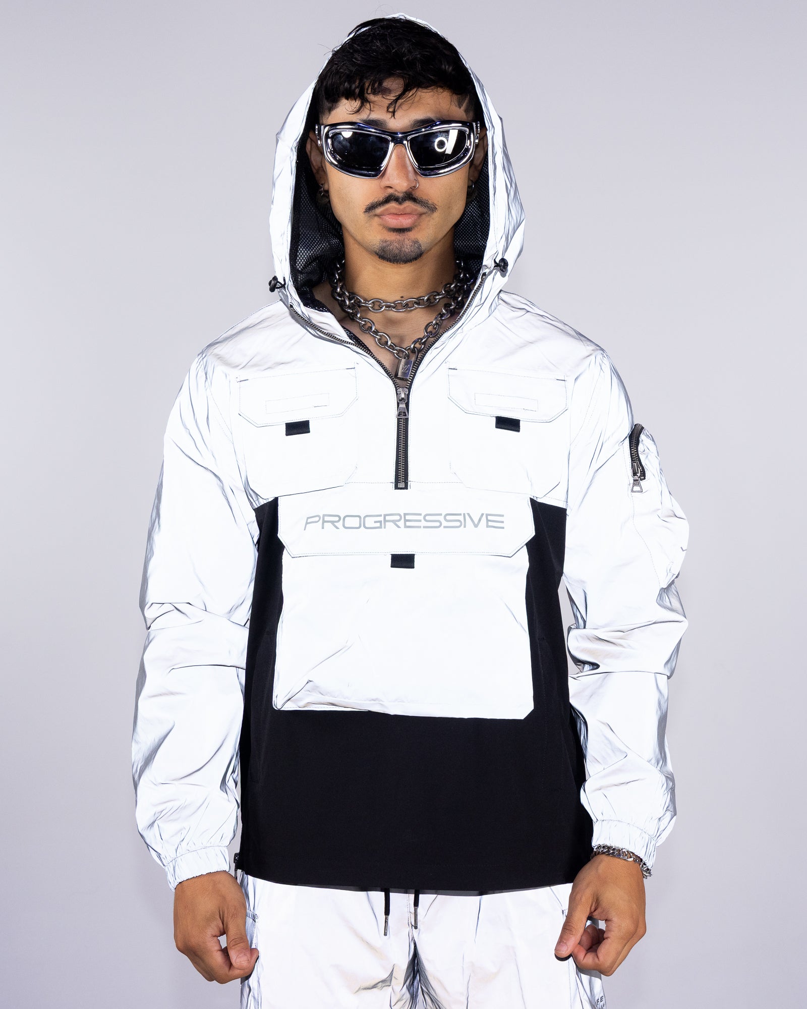 ジェイリンドバーグ 3Dニット ウインドブレーカー ウインドジャケット 白 L Night Light Men's Silver Reflective Pullover Windbreaker – Rave