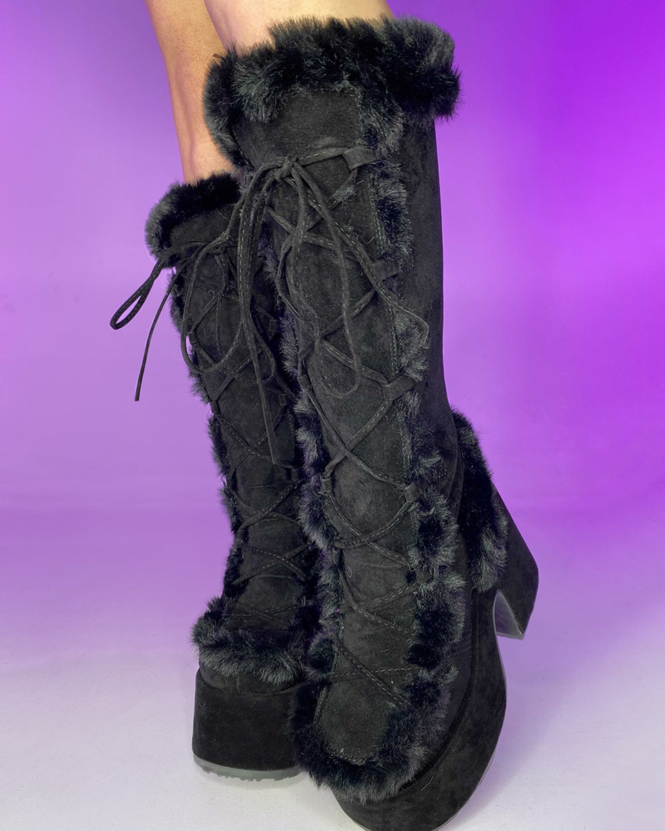 Demonia Black Furry Winter Faux Fur Boots for Comfort – Rave