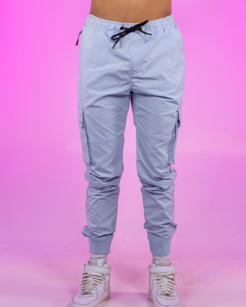 Sky Blue Ribbed and Cuffed Woven Cargo Pants