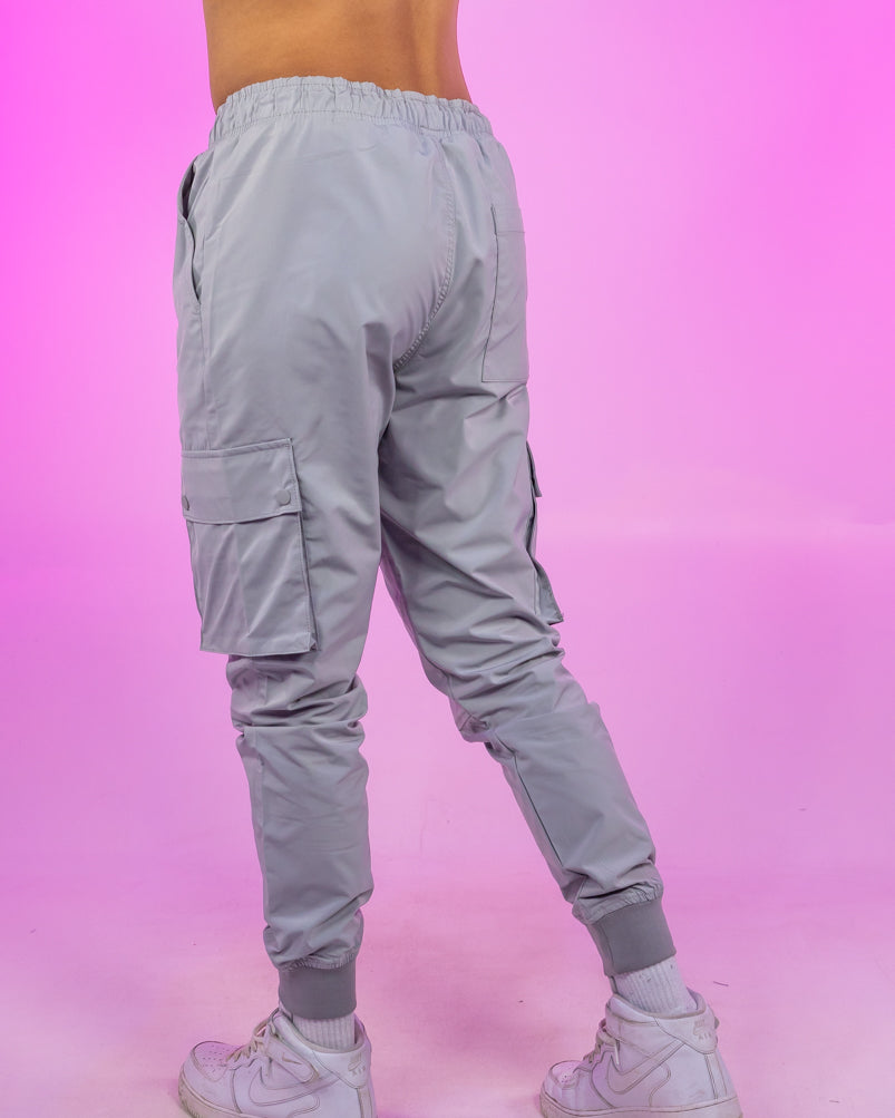Cool Grey Ribbed and Cuffed Woven Cargo Pants