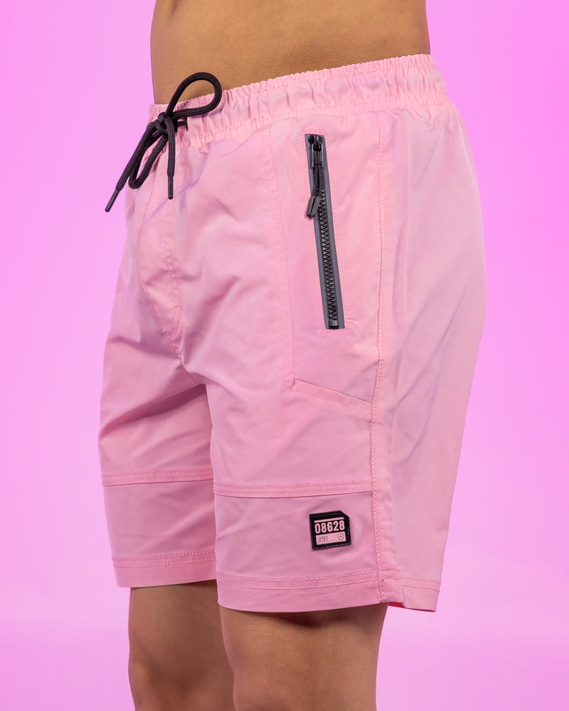Pink 7" Inseam Men's Shorts w/ Reflective Zipper Trims