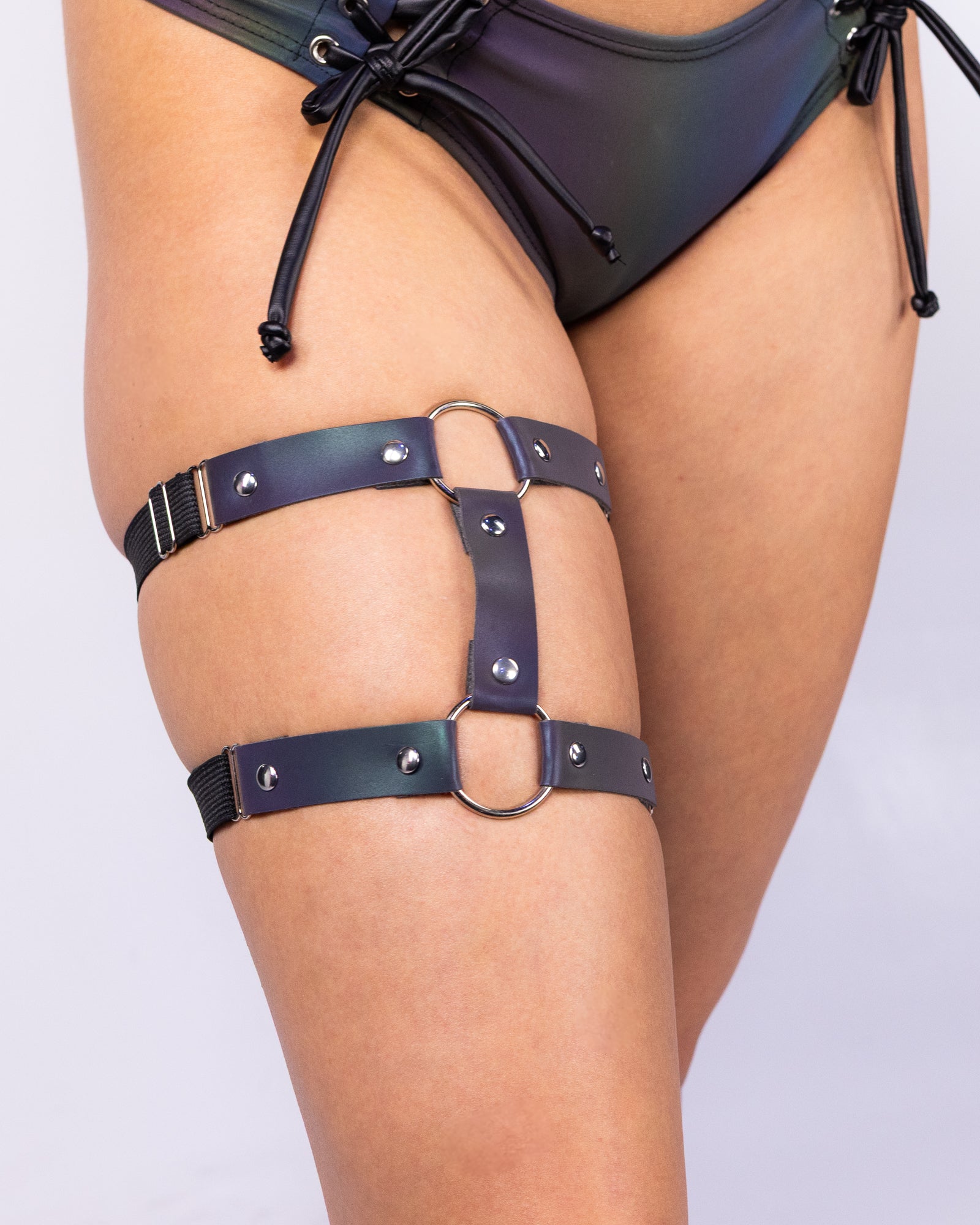Flash Reflective Dual-Strap Leg Garter for Women - Adjustable Elastic Band, Rainbow Reflective, Metal O-Ring Detail | Rave Outfits & Clothing Flash Reflective Dual-Strap Leg Garter for Women - Adjustable Elastic Band, Rainbow Reflective, Metal O-Ring Detail | Rave Outfits & Clothing