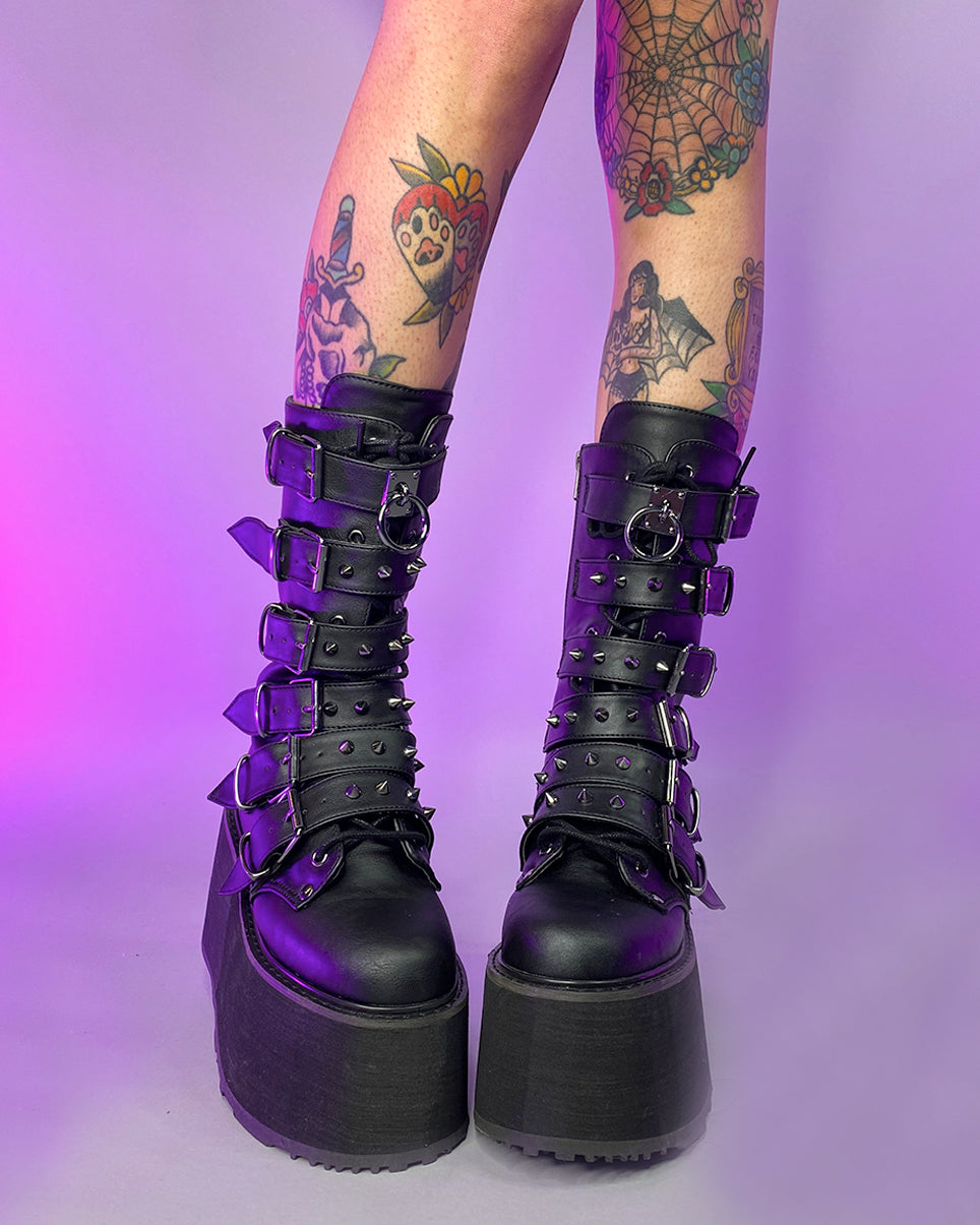 Demonia Matte Black Studded Mid-Calf Platform Boots Online – Rave