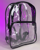 Clear backpack with black zipper, front see-through pocket, padded shoulder straps
