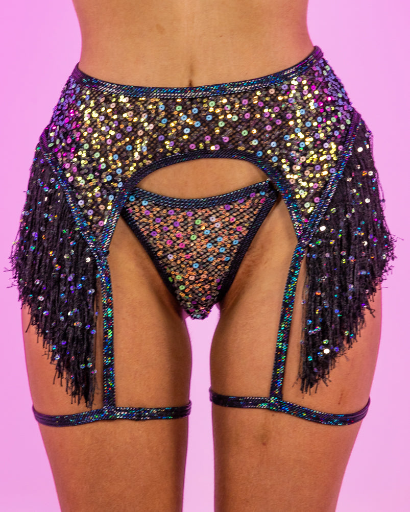 Diamond Rodeo Sequin Fishnet Garter Belt w/ Sequin Fringe Detail and G Rave Wonderland Diamond Rodeo Sequin Fishnet Garter Belt w/ Sequin Fringe Detail and G Rave Wonderland
