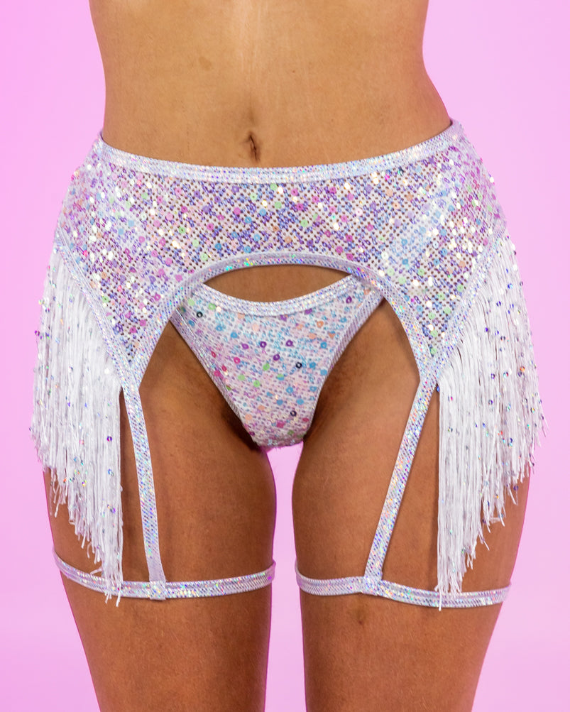 Diamond Rodeo Sequin Fishnet Garter Belt w/ Sequin Fringe Detail and G Rave Wonderland Diamond Rodeo Sequin Fishnet Garter Belt w/ Sequin Fringe Detail and G Rave Wonderland