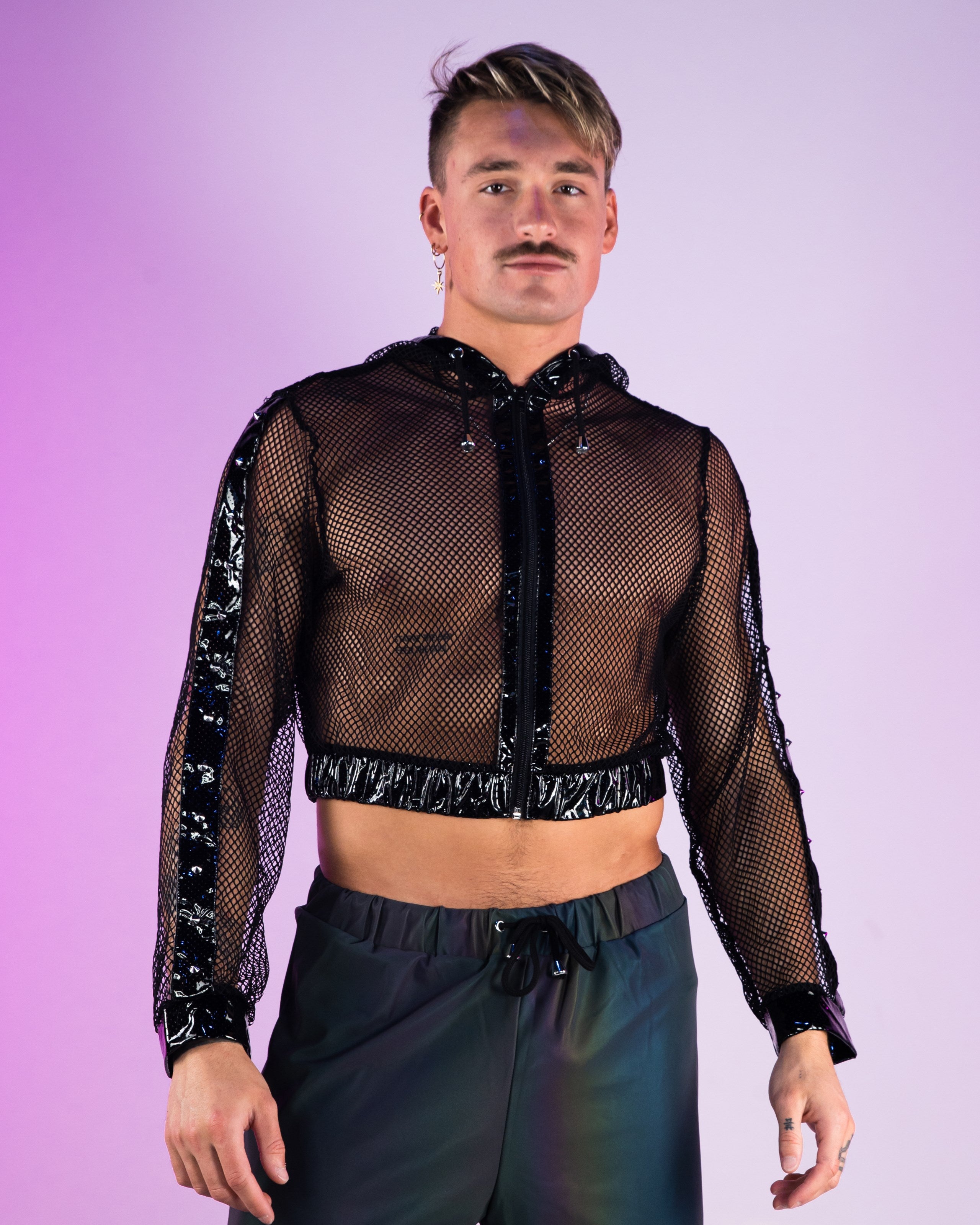 Techno Prism Cropped Fishnet Hoodie w Studs Rave Wonderland