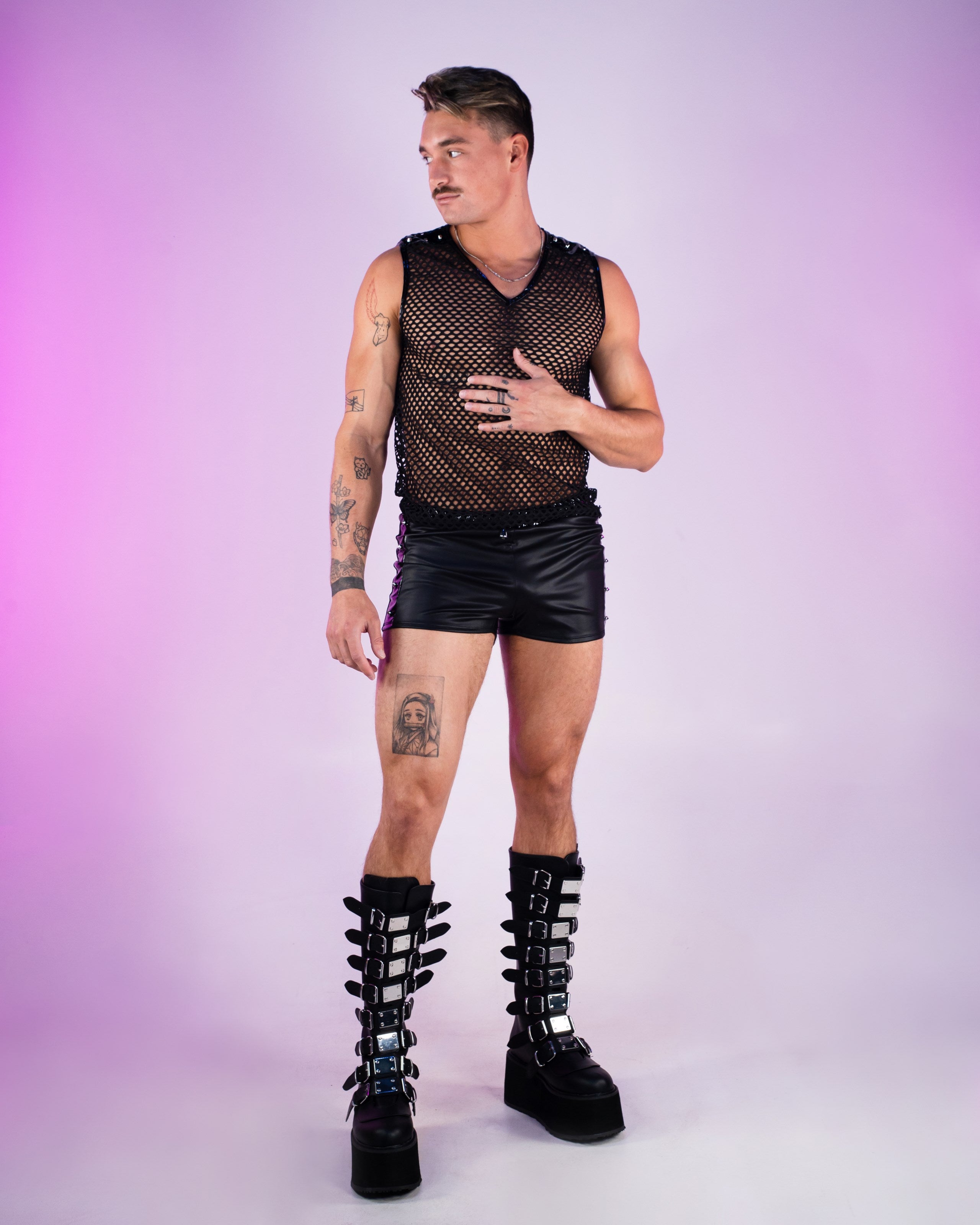 Men s Techno Black Fishnet Tank Top w Stud Details