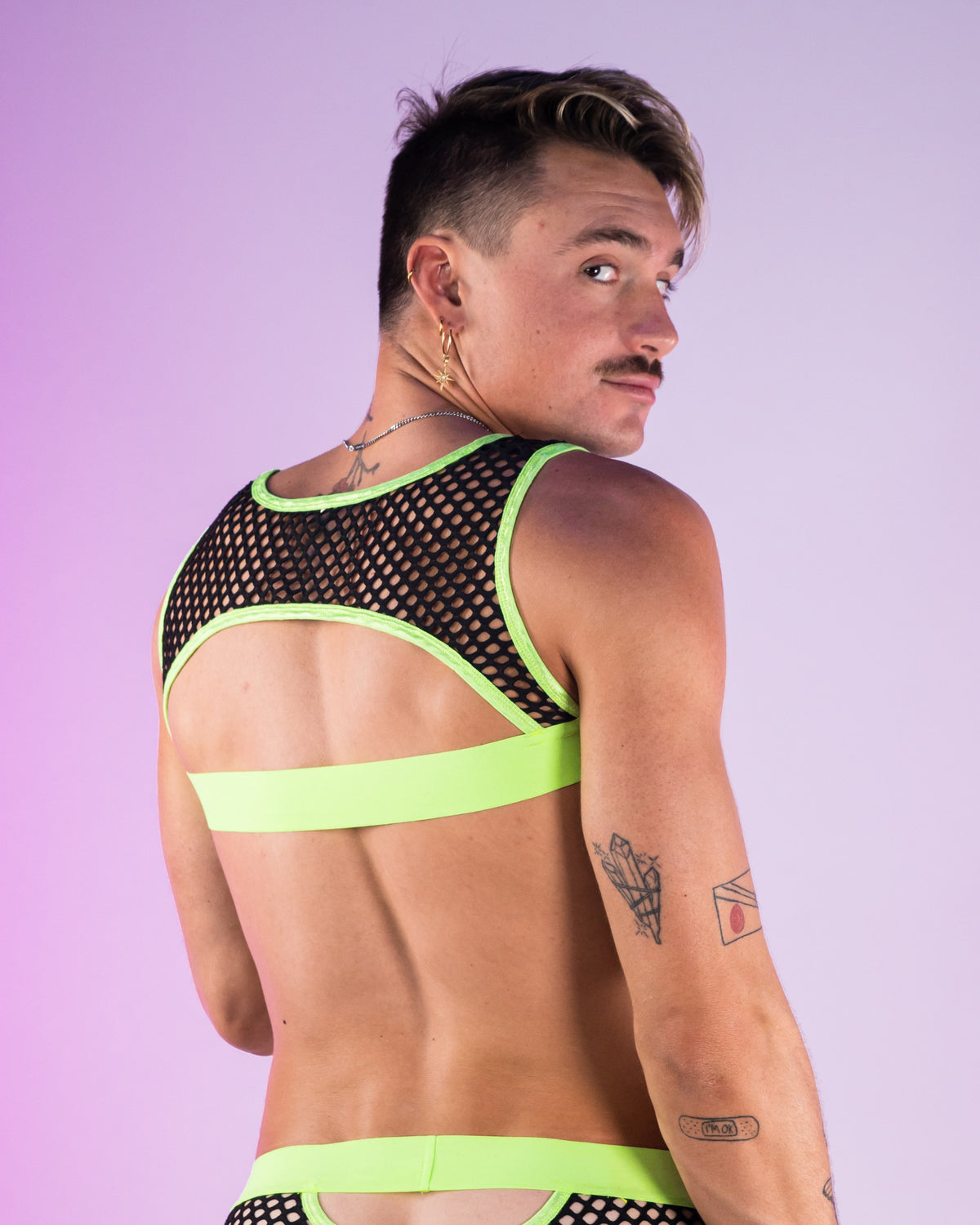 Men's Fishnet Cropped Tank Top w/ Glow In The Dark Elastic and Stud Details