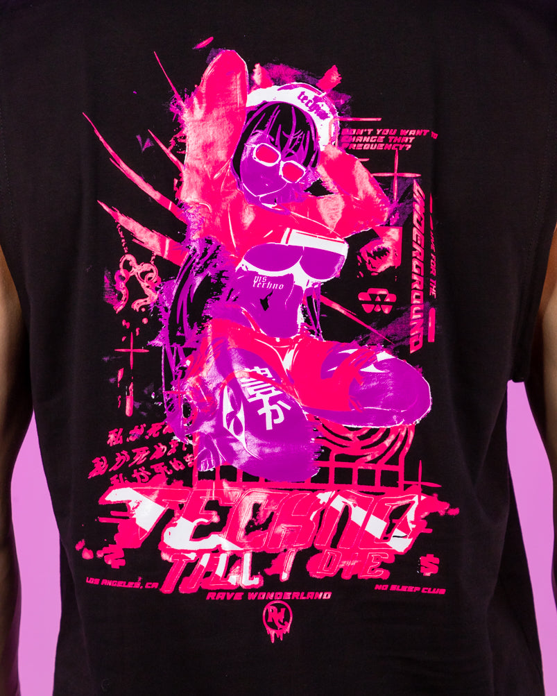 Ms. Techno Baddie Anime UV Neon Pink Fishnet Sleeveless Hoodie