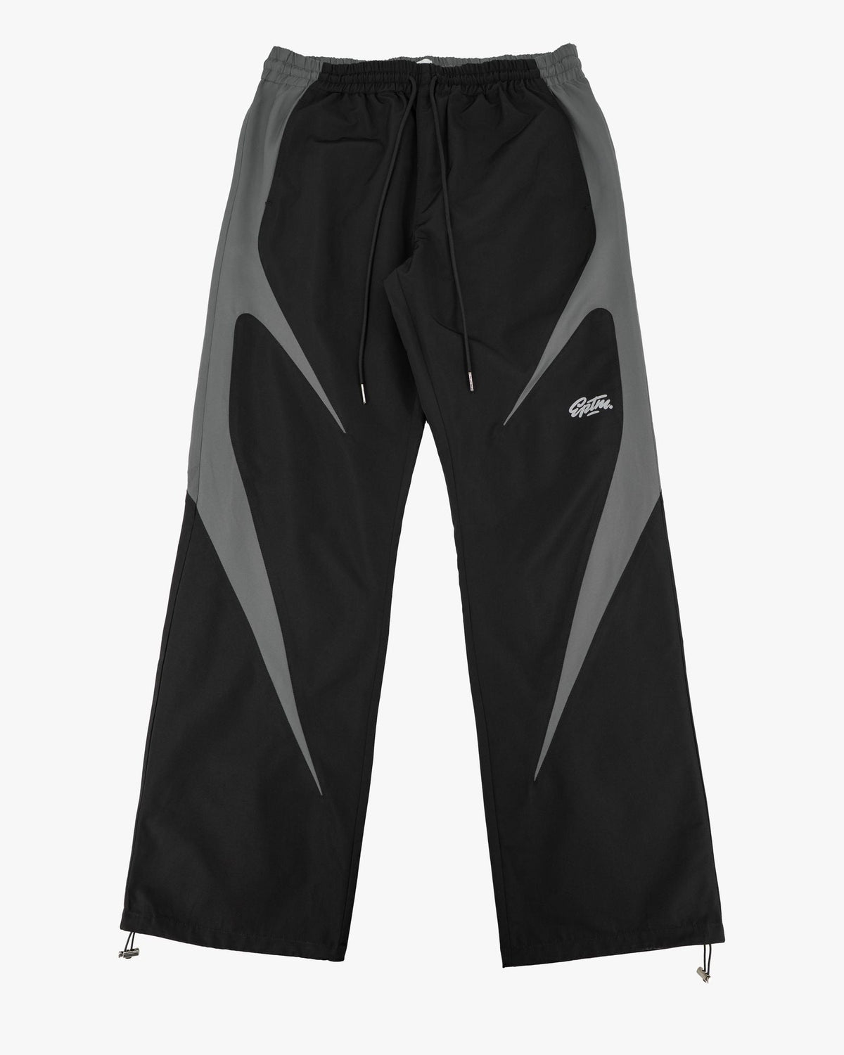Black Blade Men's Reflective Pants, black with gray blade panels and drawstring waist, flat lay
