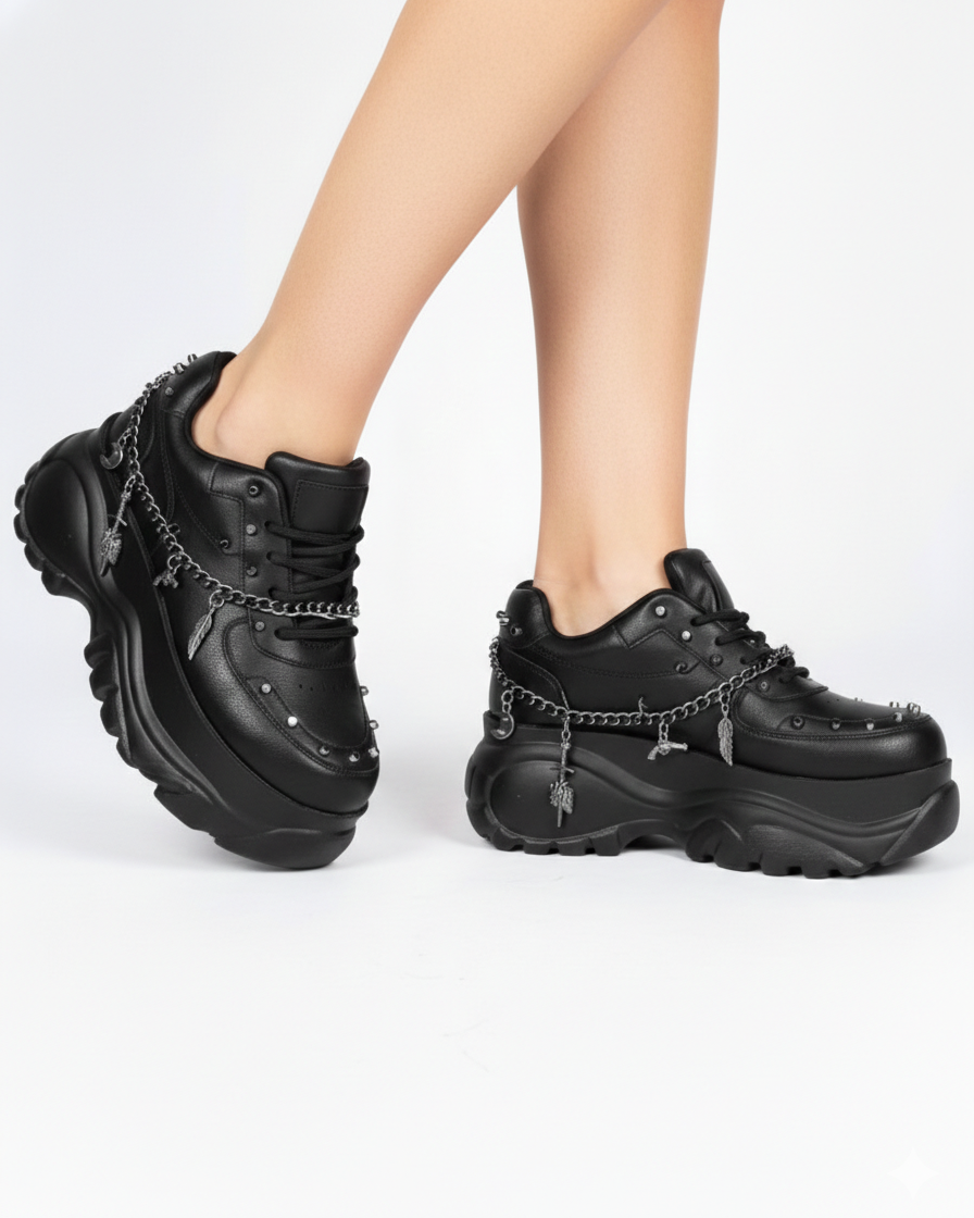 Black chunky sneakers with chain details worn by a person on a white background