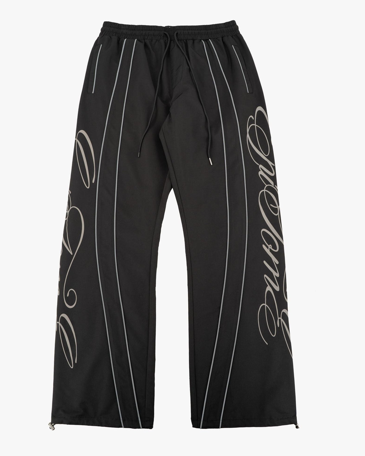 Black Monogram Men's Pants, black with drawstring waist and silver script monogram, flat lay