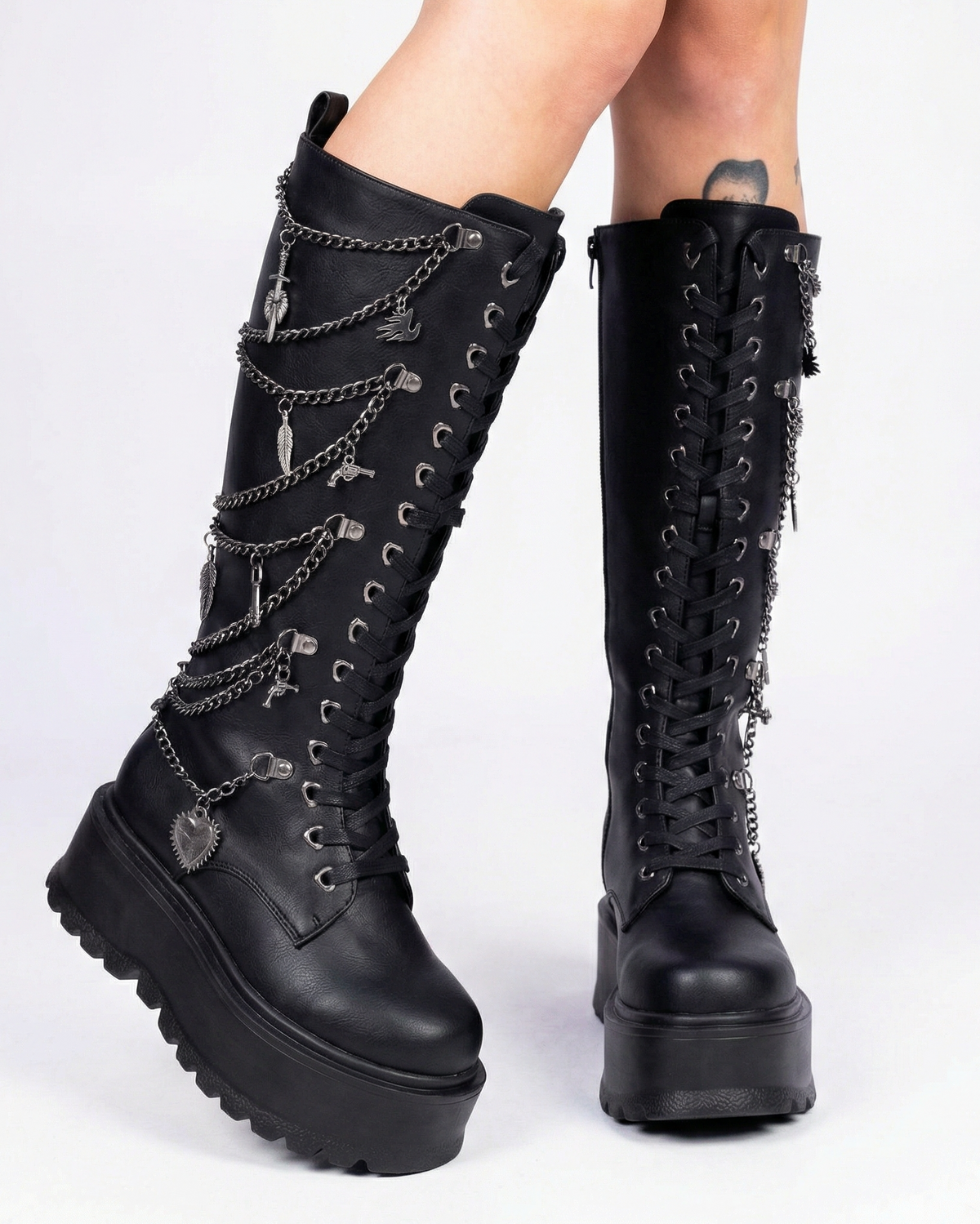 Chained Fantasy Women's Black Knee High Combat Boots