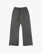 Charcoal Monogram Men's Pants, gray wide-leg with drawstring waist and script monogram, flat lay