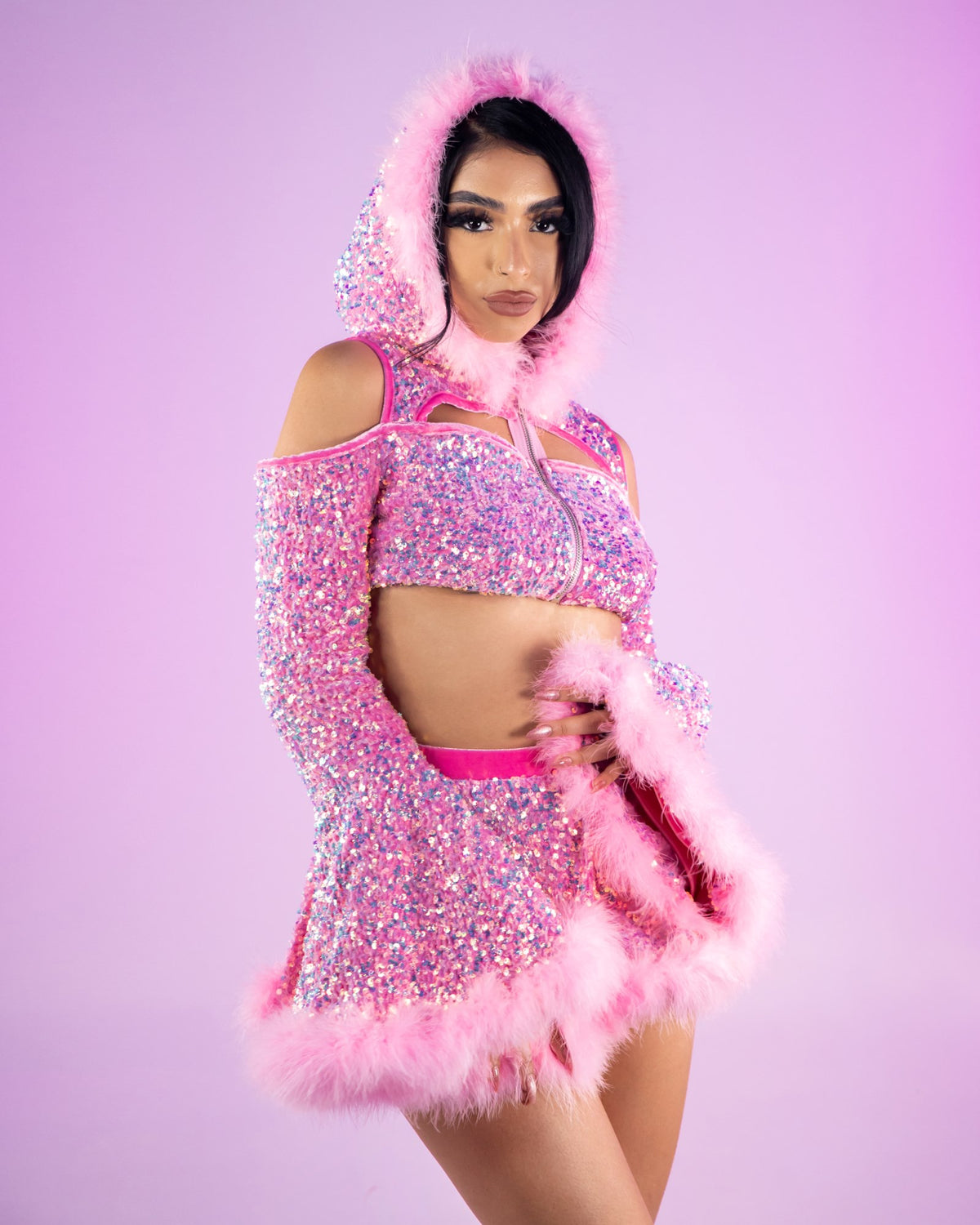 Baby Pink Sequin Fields Cutout Long Sleeve Hooded Crop Top