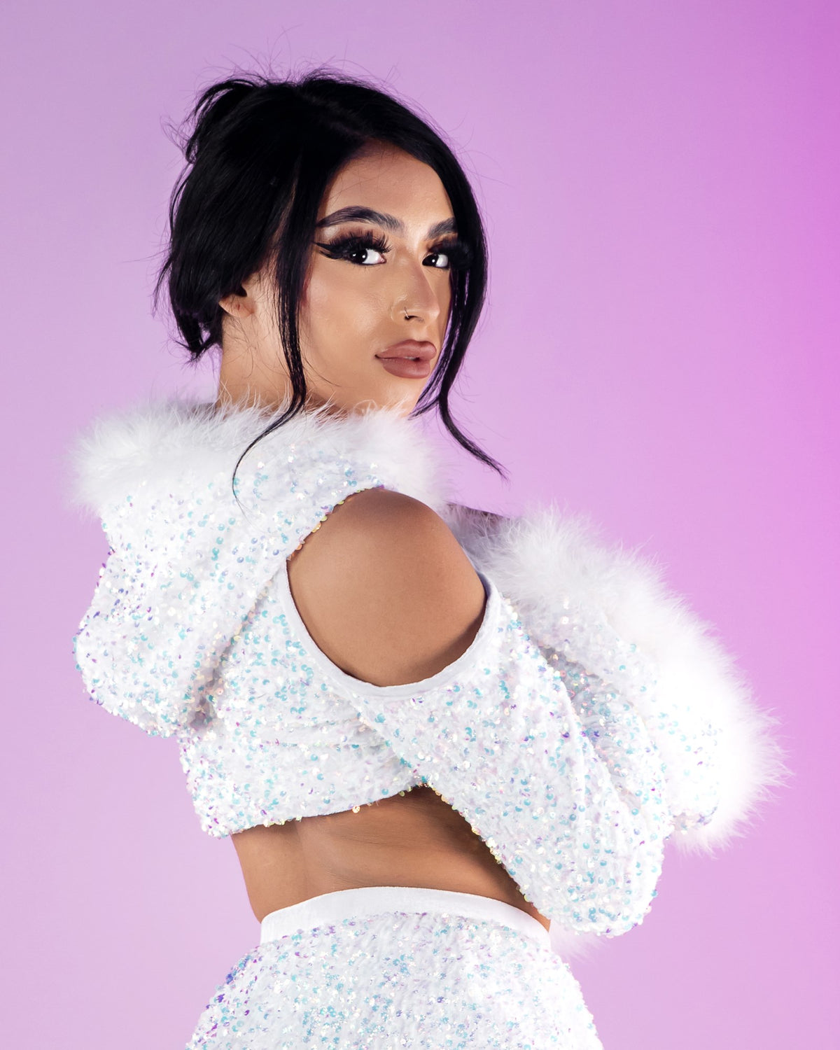 White Sequin Fields Cutout Long Sleeve Hooded Crop Top