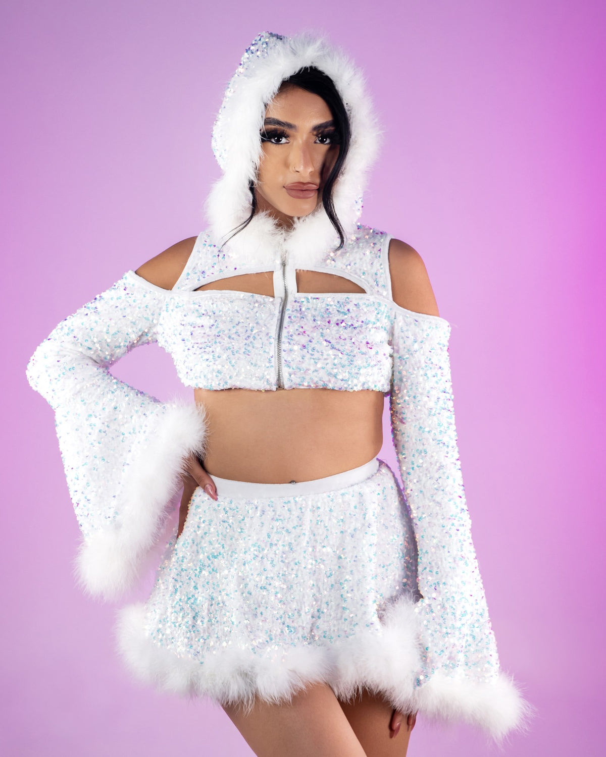 White Sequin Fields Cutout Long Sleeve Hooded Crop Top