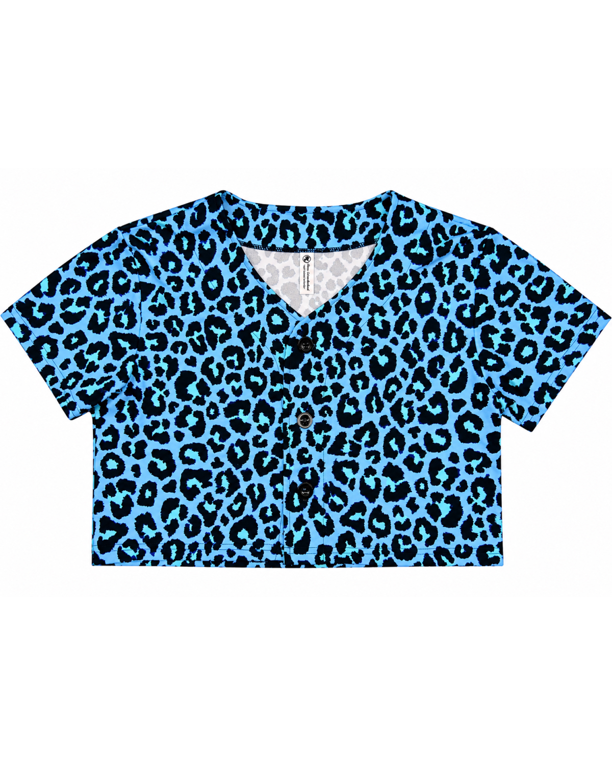 Feral Feline Blue Leopard Cropped Jersey, blue and black leopard print button-front crop top, flat lay front view