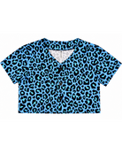 Feral Feline Blue Leopard Cropped Jersey, blue and black leopard print button-front crop top, flat lay front view