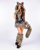 Fierce Leopard 5pc brown kitty costume, leopard fur hood, corset, skirt, tail and leg warmers, front view