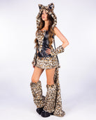 Fierce Leopard 5pc brown kitty costume, full body side view on model with tail