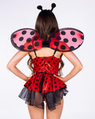 Lady Bug Babe 3pc costume, back view showing laced bodysuit and pink polka dot wings