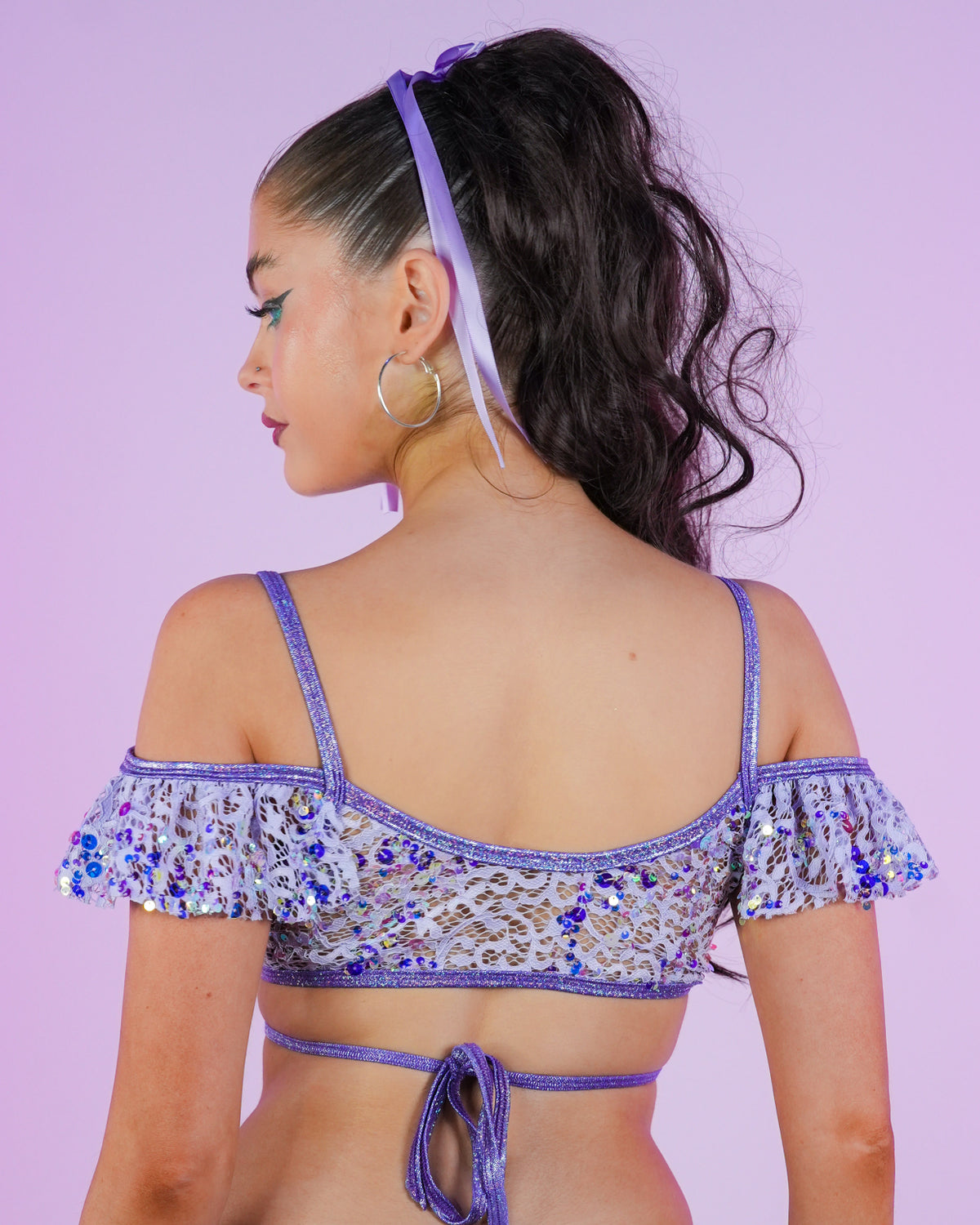 Lilac Sequin Net Ruffle Top