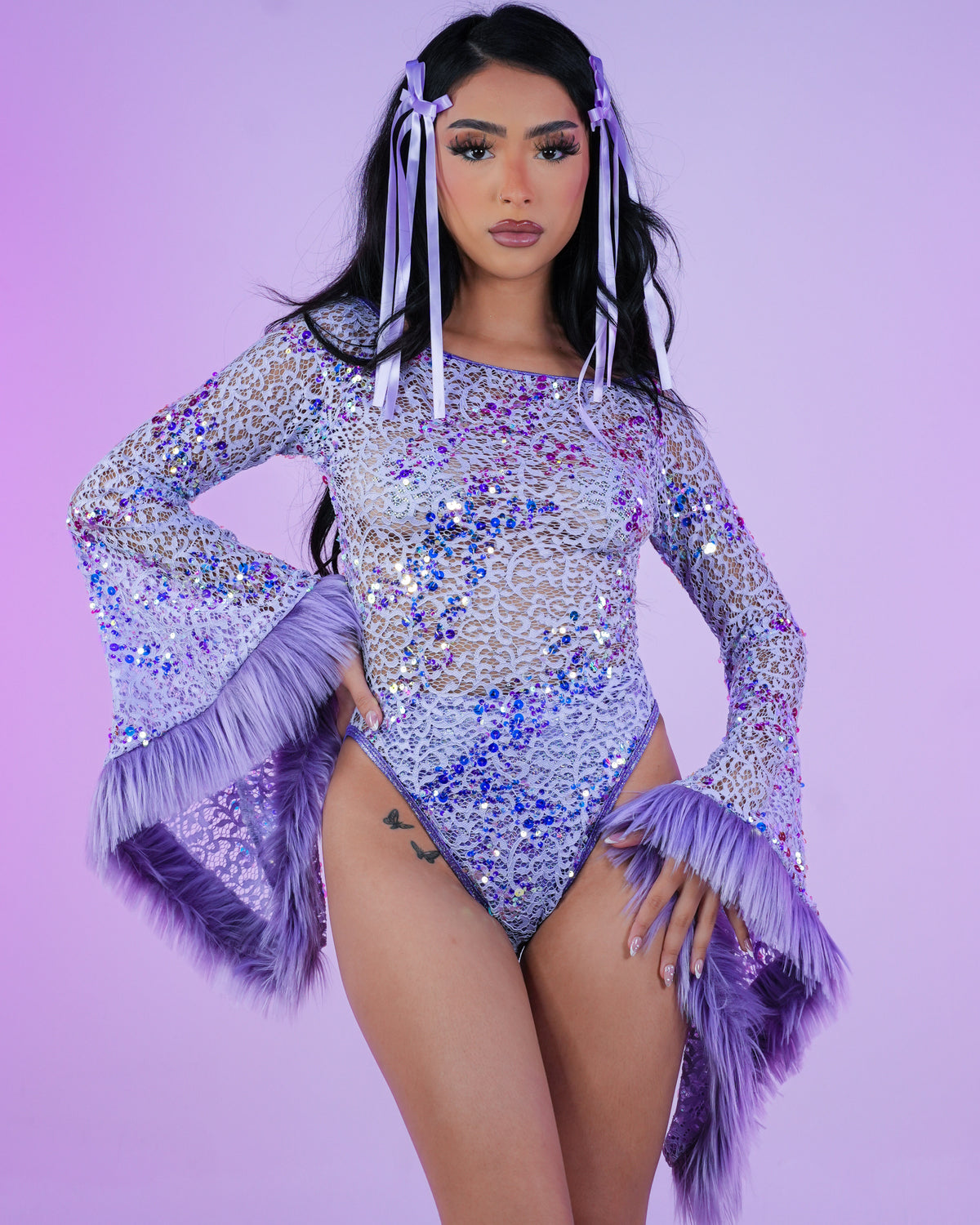 Lilac Sequin Net Bodysuit