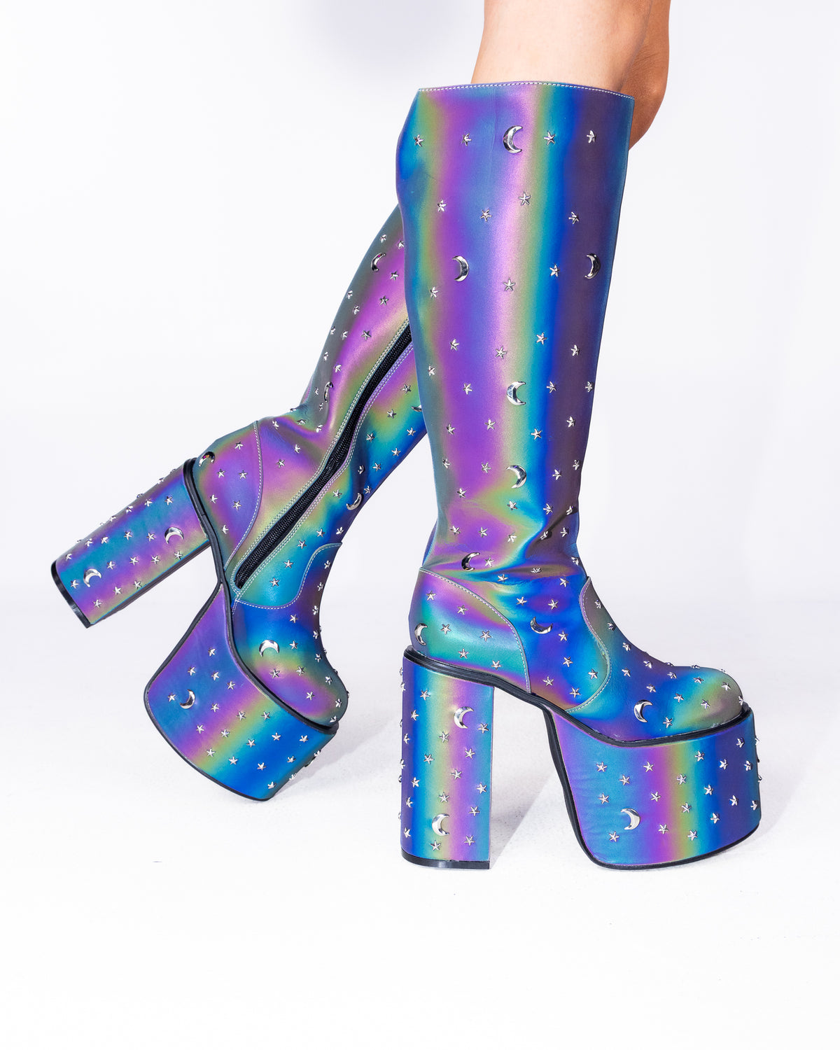 Milky Way reflective chunky platform knee-high boots, iridescent rainbow sheen, side view showing block heel