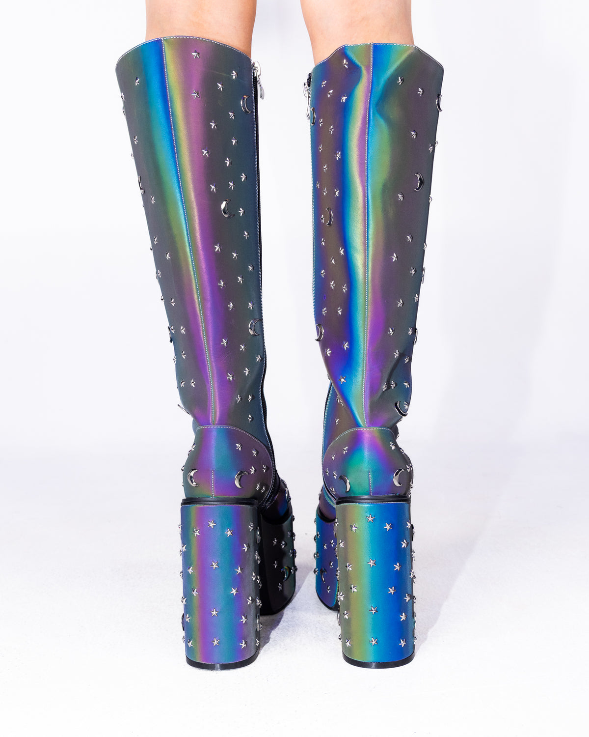 Milky Way reflective chunky platform knee-high boots, iridescent rainbow sheen, back view