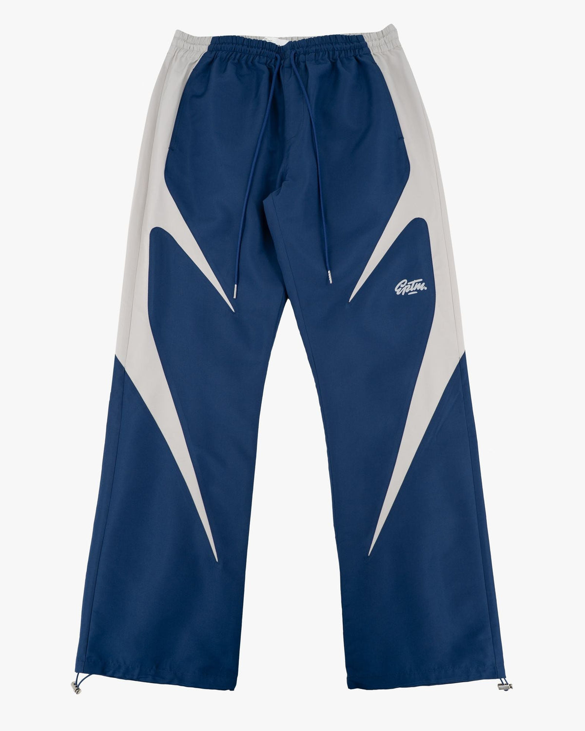 Navy Blue Blade Men's Reflective Pants, navy with light gray blade panels and drawstring waist, flat lay