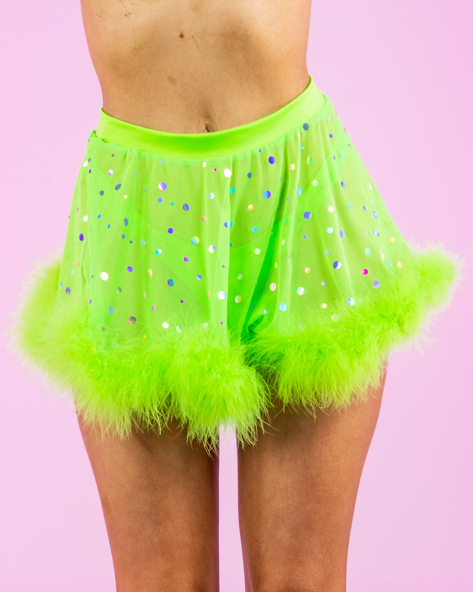 Lime Disco Sheer Dotted Skirt w/ Marabou Trim