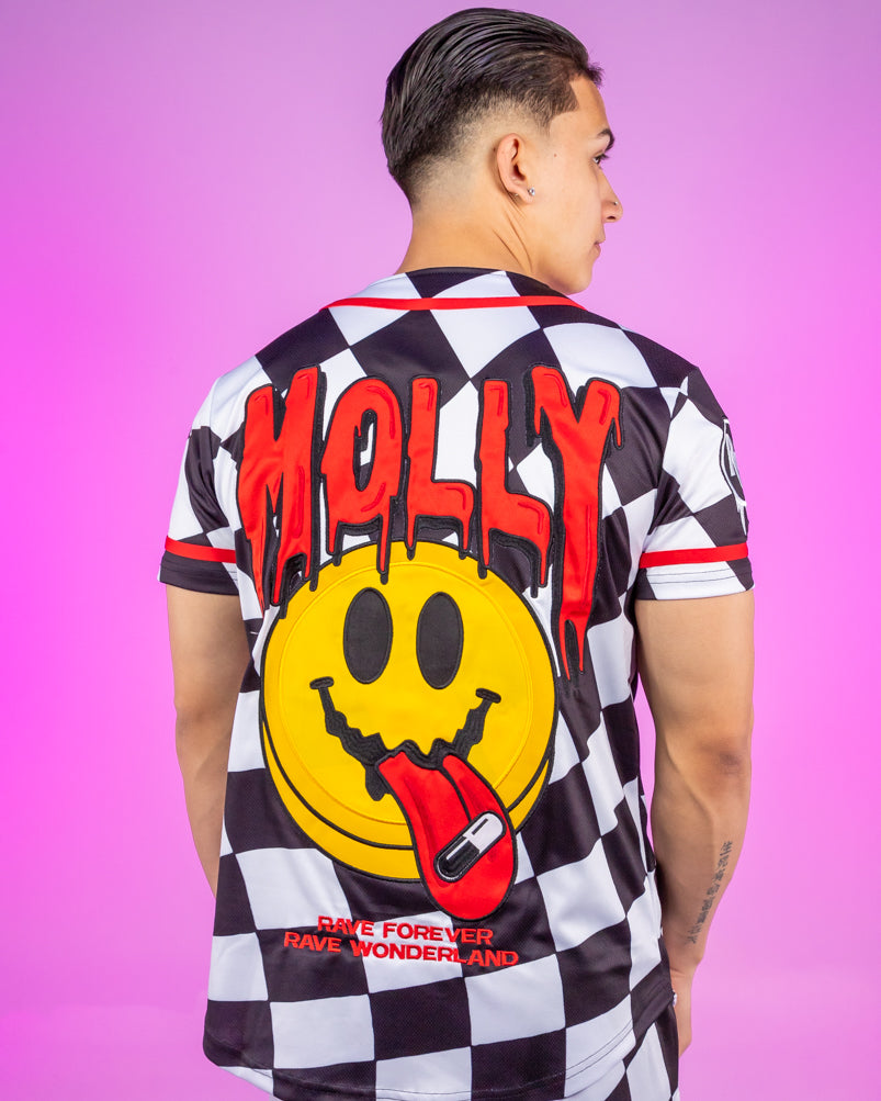 Checkered Molly Monster Smiley Face Black and White Baseball Jersey