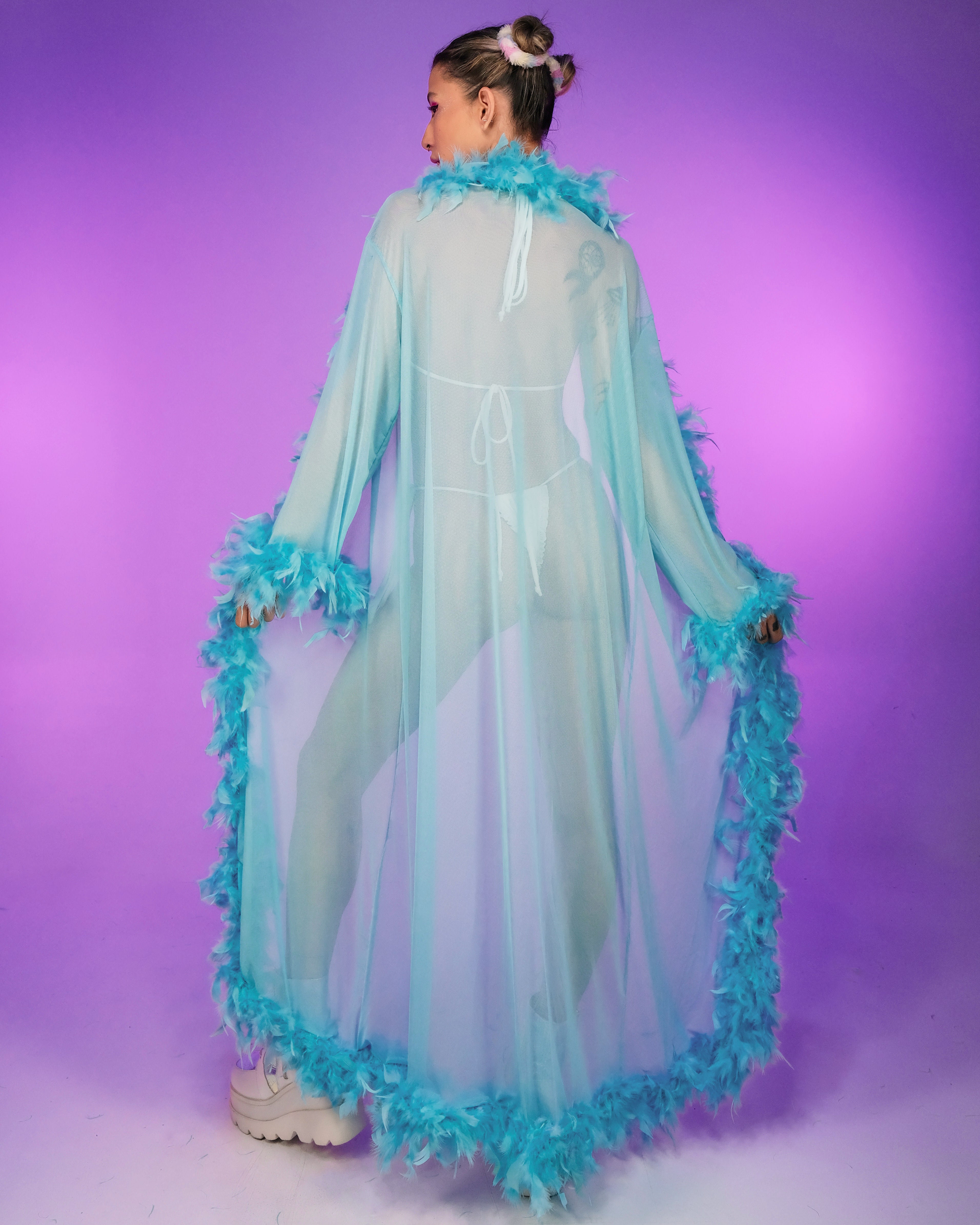 Lux Doll Sheer Long Robe With Boa Feather Trim - Rave Wonderland