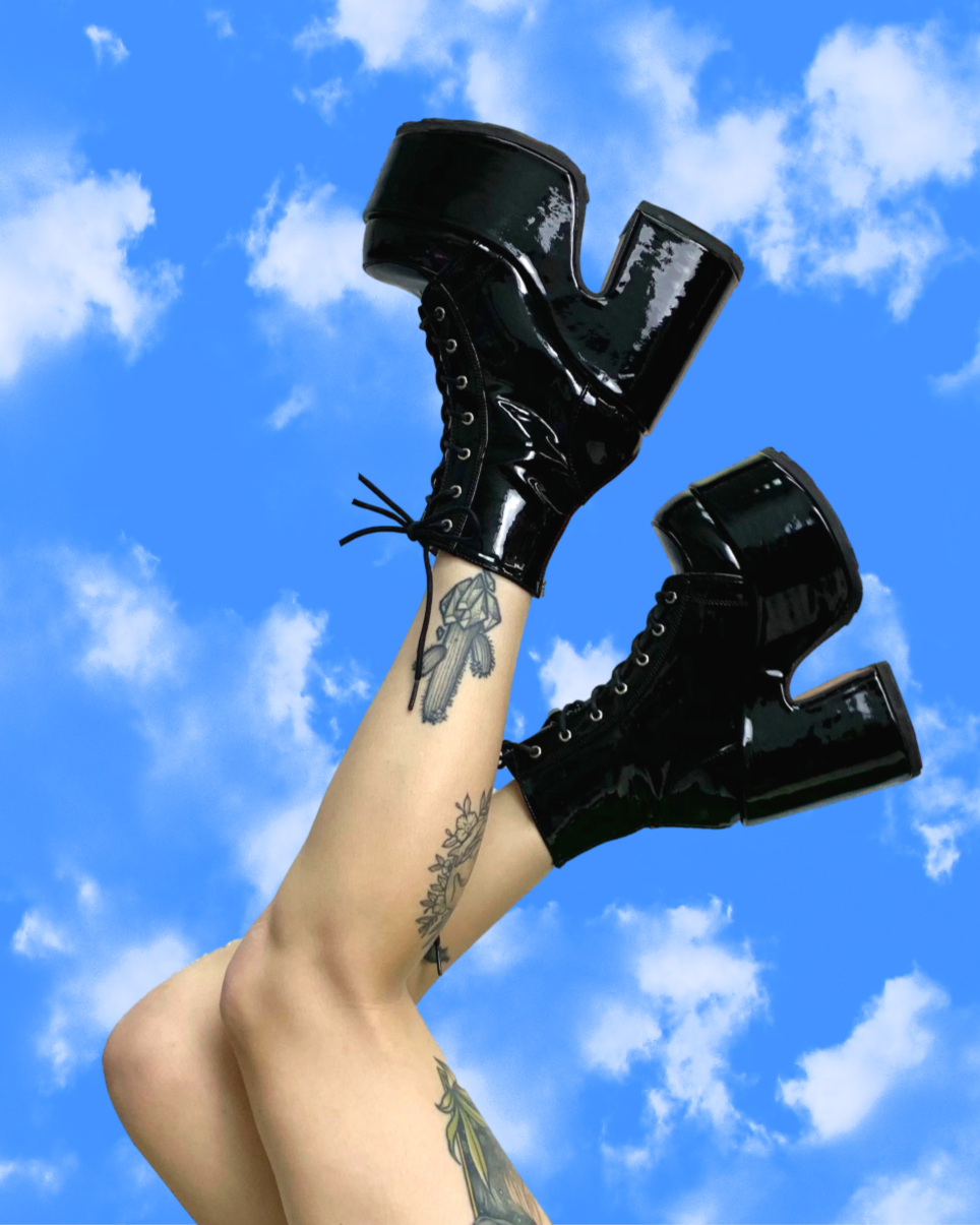 Demonia Black Patent Lace-Up Platform Ankle Boots - Rave Wonderland