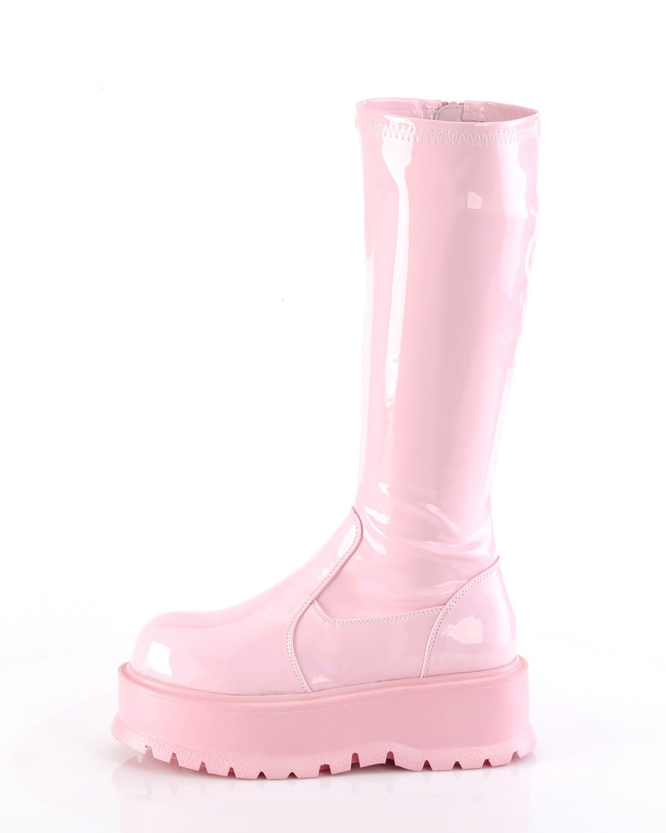 Demonia Slacker Pink Holo Knee High Boots