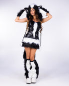 Silly Skunk 5pc black and white costume, full body front view, hands on hood