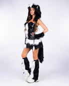 Silly Skunk 5pc black and white costume, full body three-quarter view with tail
