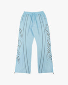 Sky Blue Monogram Men's Pants, light blue with drawstring waist and script monogram, flat lay