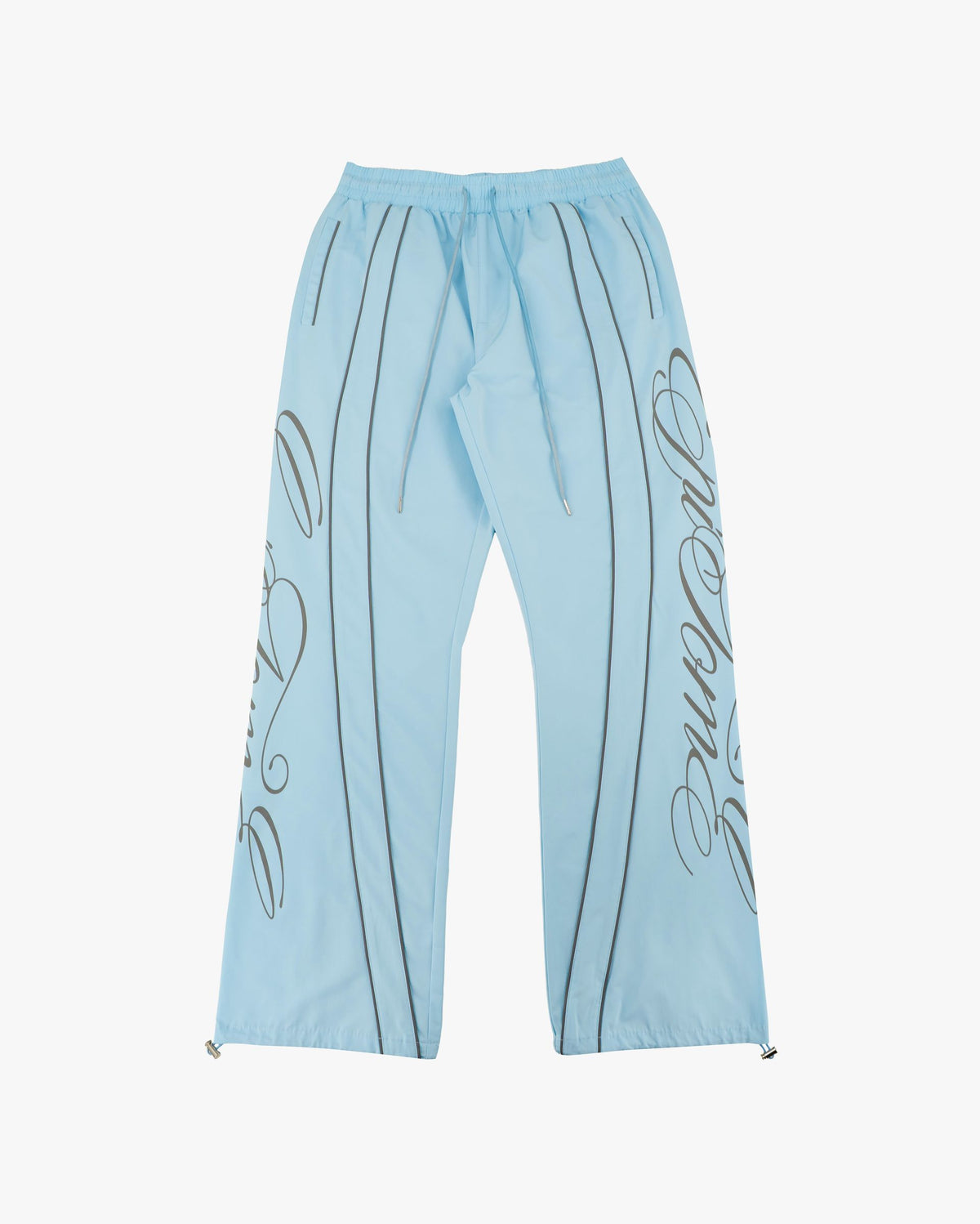 Sky Blue Monogram Men's Pants, light blue with drawstring waist and script monogram, flat lay