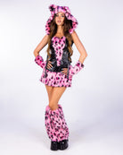 Wild Leopard 5pc pink kitty costume, pink leopard fur hood, corset, skirt, arm and leg warmers, full body
