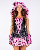 Wild Leopard 5pc pink kitty costume, pink leopard fur hood and black faux leather corset, front close-up